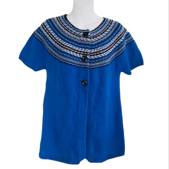 NEW Charter Club Cardigan Short Sleeve Blue Black Gray Nordic Sweater - Picture 1 of 4